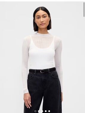 GAP White Sheer Long-Sleeve Mock Neck Top